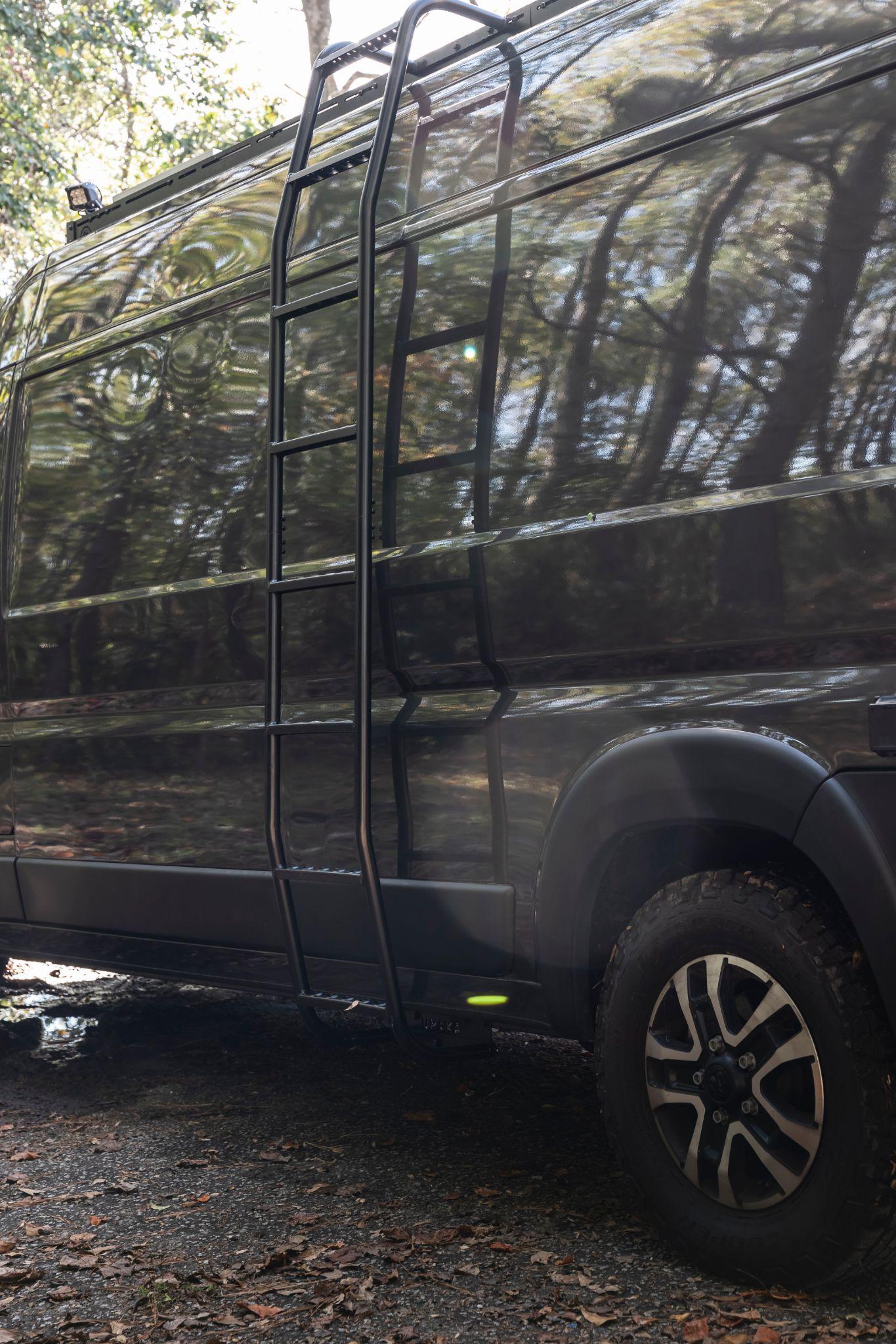 Side-mounted ladder providing access to the custom camper van roof