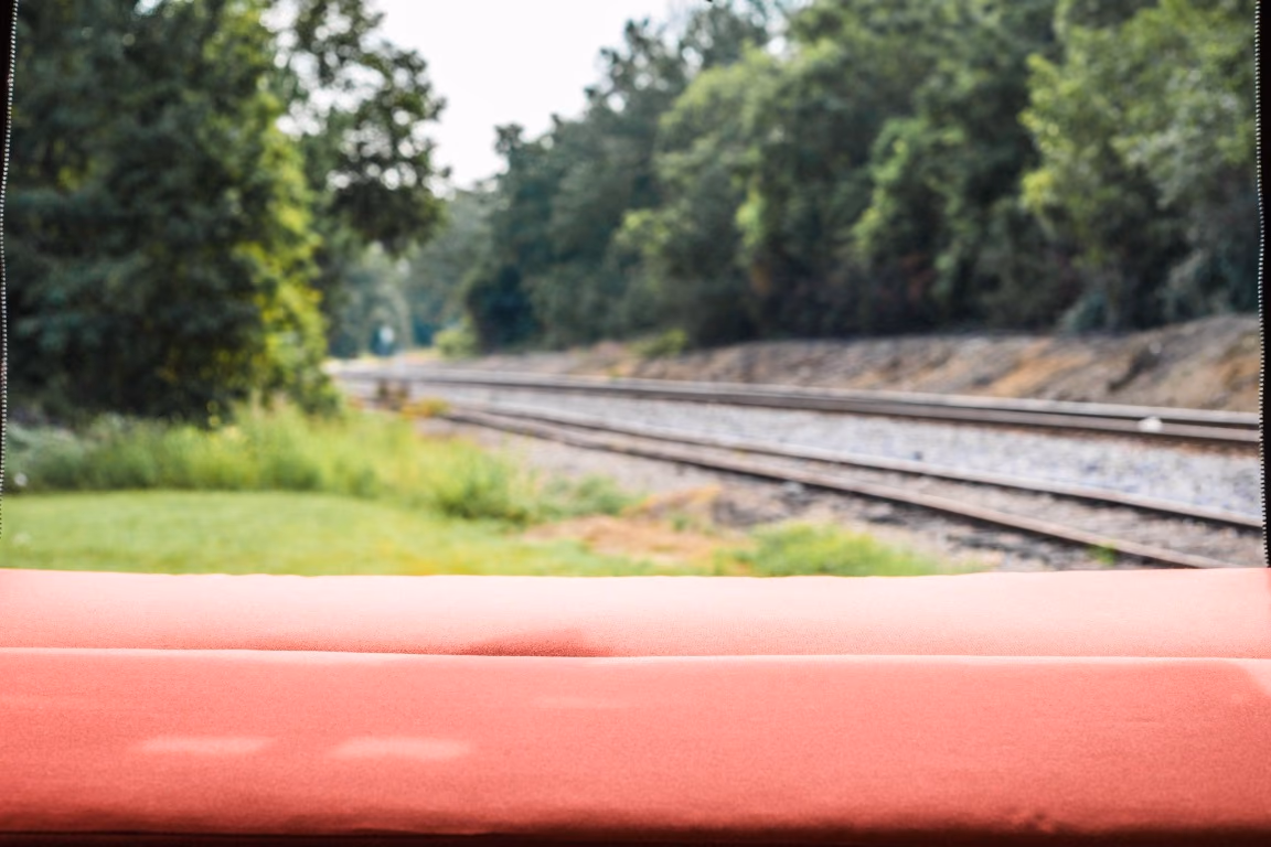 View from the camper van bed through the open rear doors toward the trees and railroad tracks.