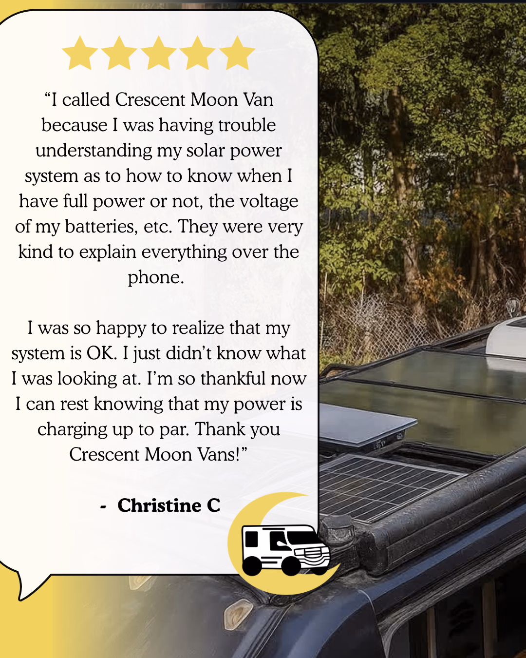 Five-star testimonial from Christine C. about help understanding her campervan solar power system